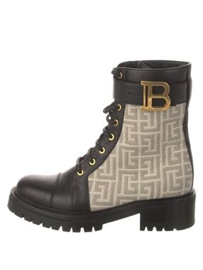 Balmain Black Leather & Beige Monogram Combat Boot with Gold 'B'